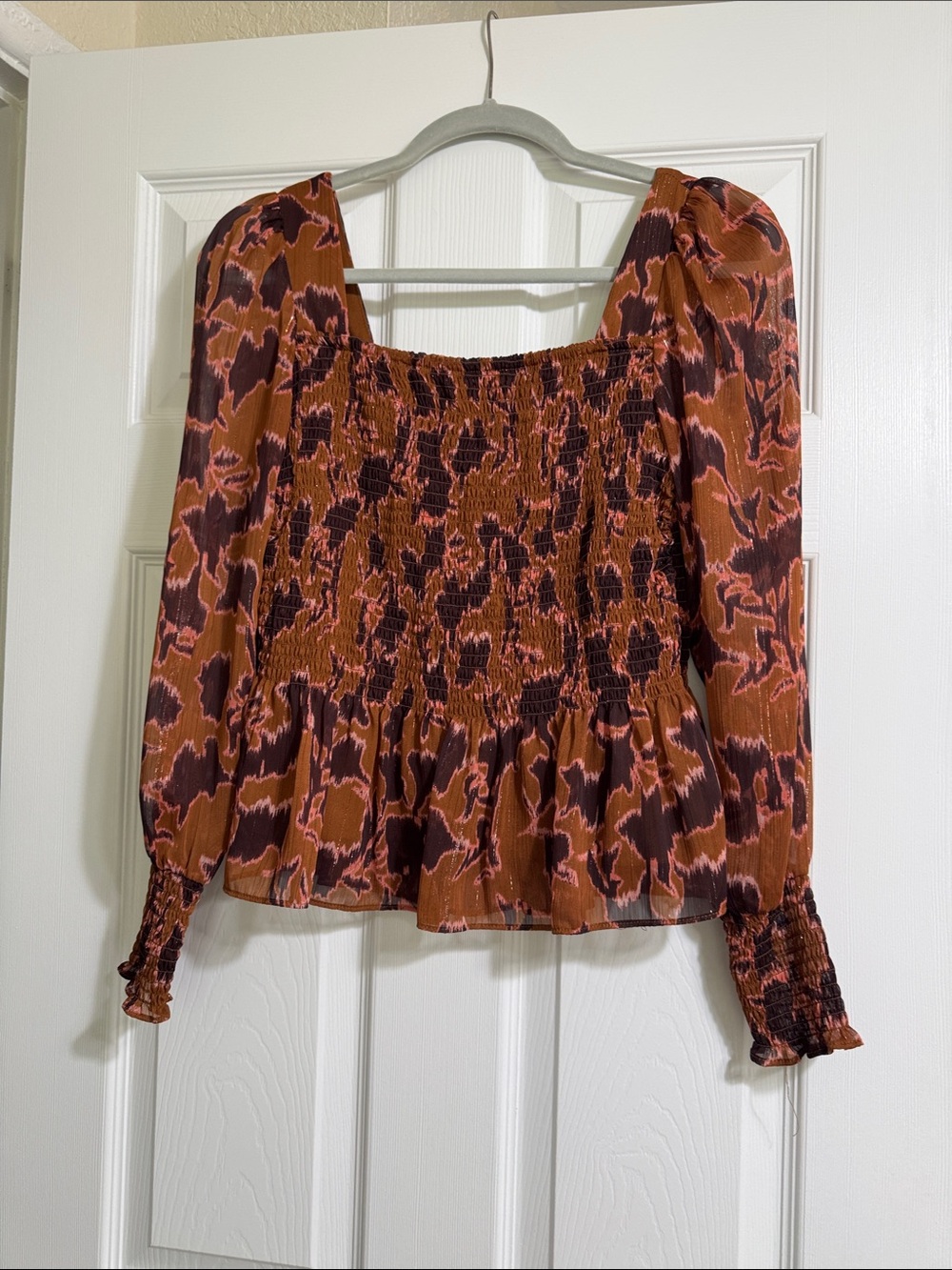 Nine West Rust and Deep Brown Smocked Square-Neck Long Sleeve Blouse